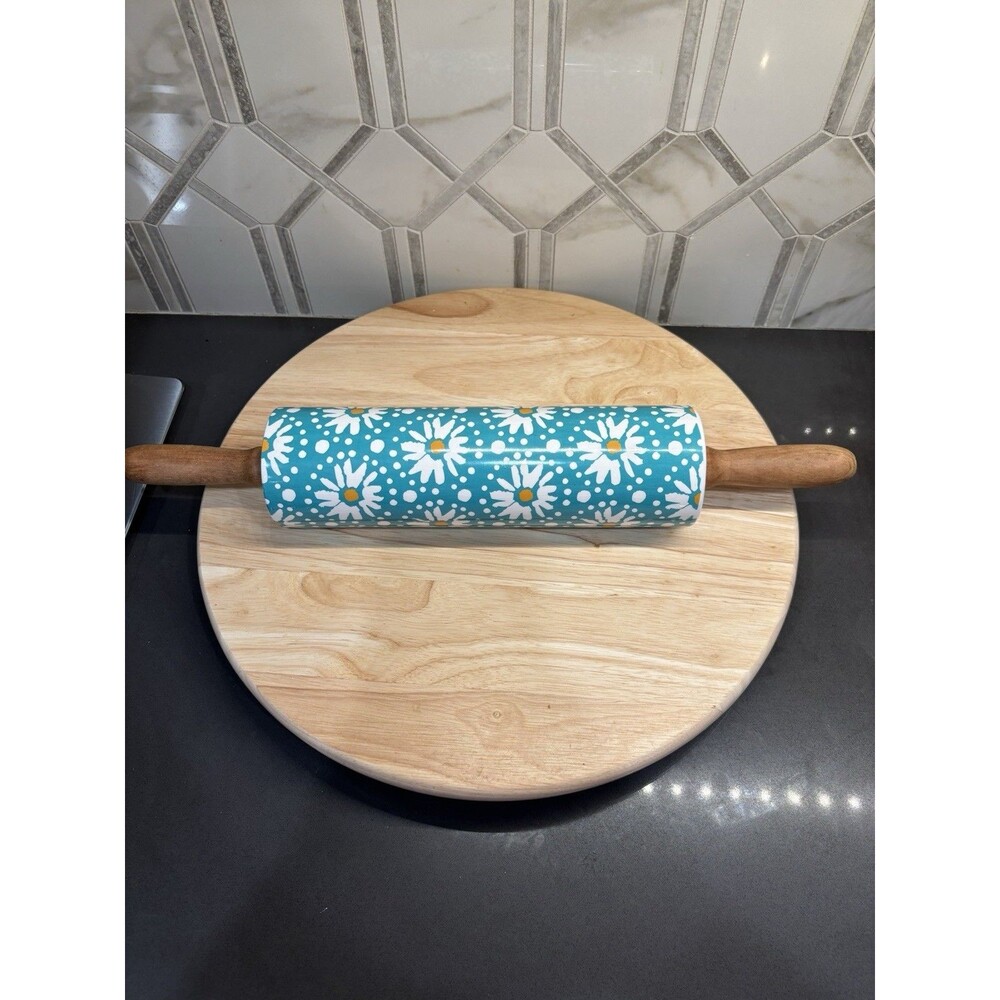 The Pioneer Woman Flea Market Daisy Rolling Pin Teal Blue Yellow Floral Used
